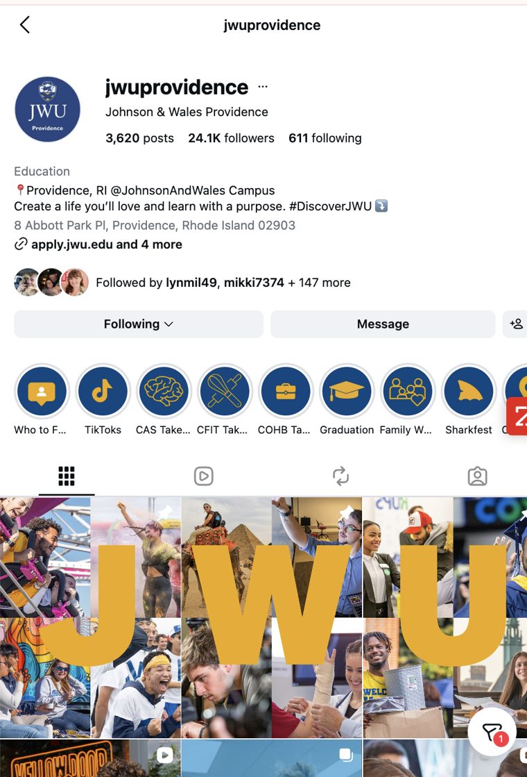 The @jwuprovidence Instagram profile
